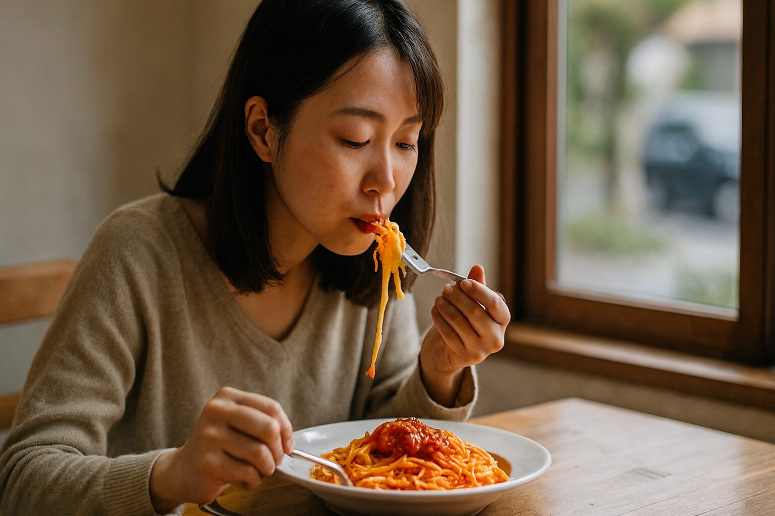 暗殺者のパスタ由来を味わう日本人女性
