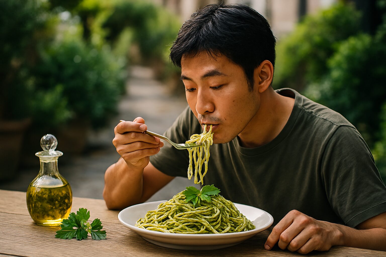 ハーブパスタを食べる日本人男性