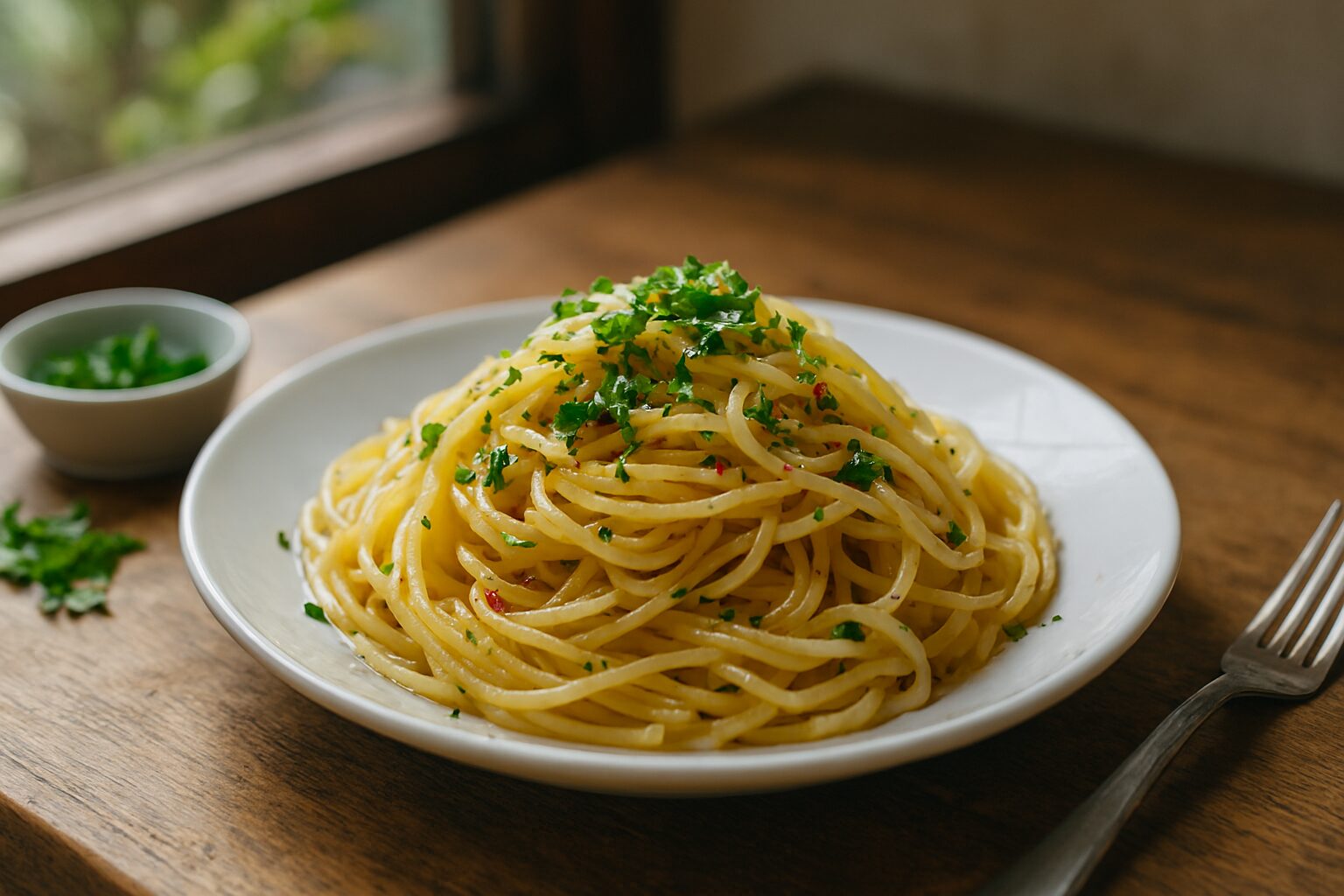 ペペロンチーノに散らしたパセリ