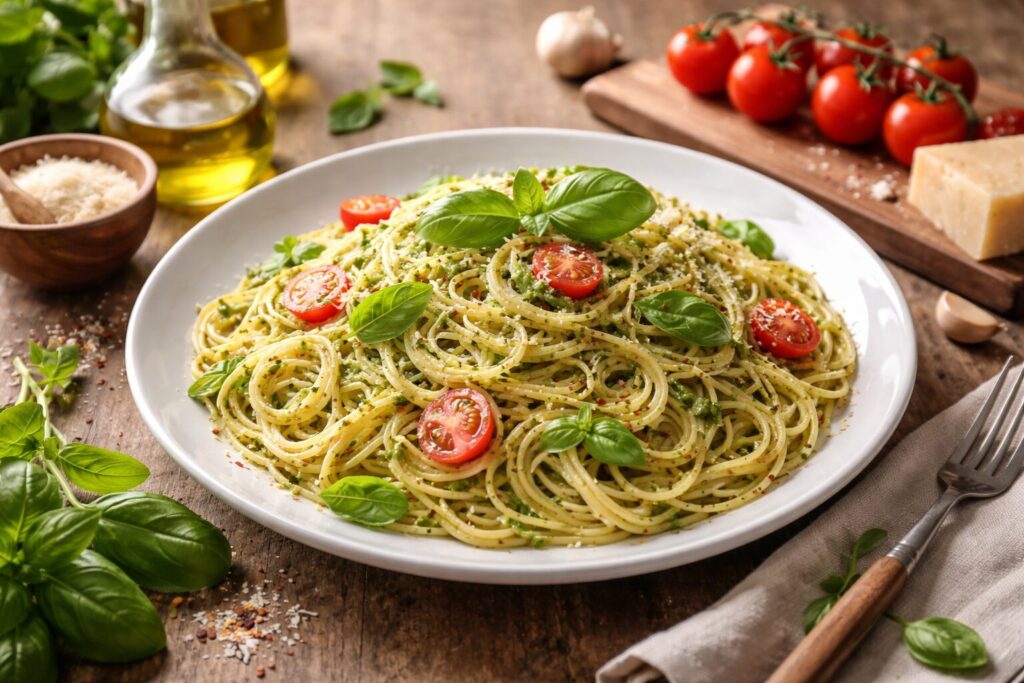 バジル香るスパゲッティを盛り付けた皿
