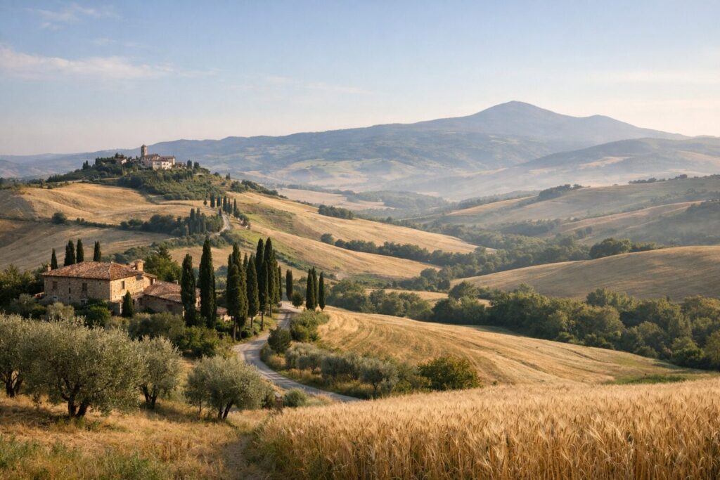 オルチャ渓谷の広大な自然景観