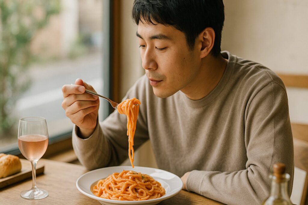 ピンク色のソースが特徴のロゼパスタを皿に盛り付けた料理