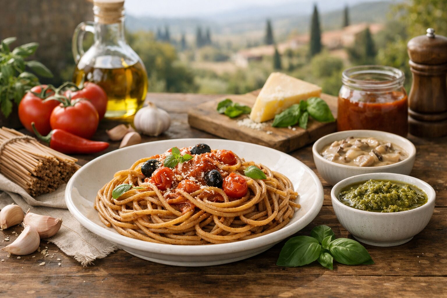 全粒粉パスタに合うソースの盛り付け例