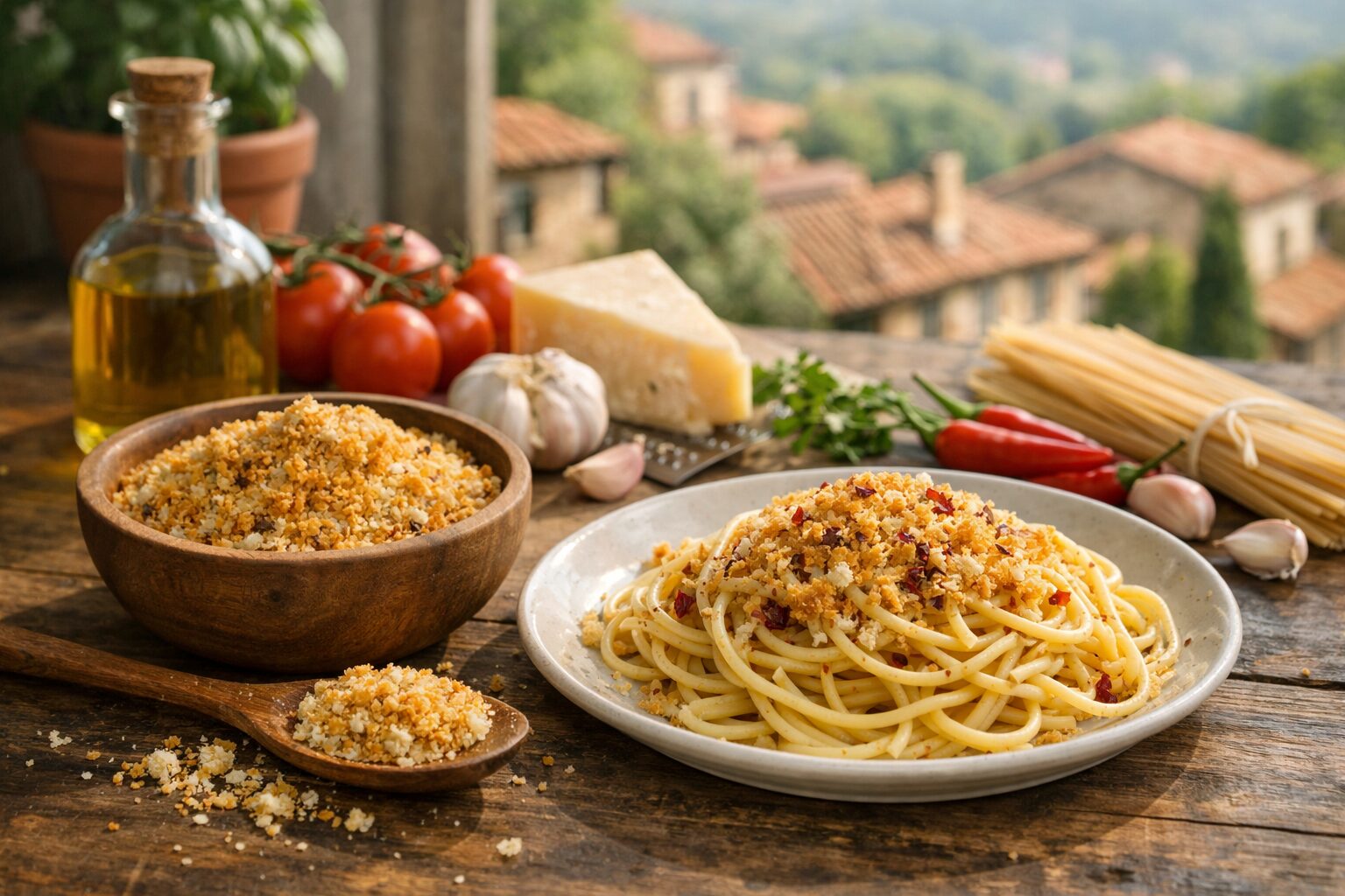 パン粉を使用したイタリアンパスタと新鮮な食材