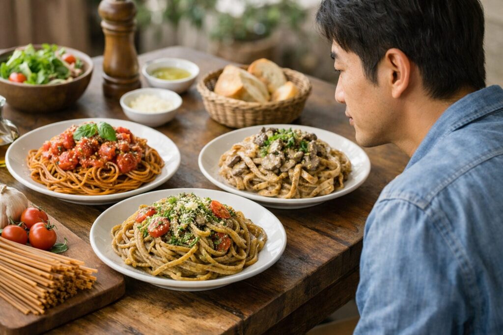 日本人男性が全粒粉パスタのソースを準備