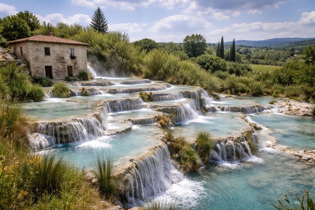 サトゥルニア温泉の湯けむりと岩肌
