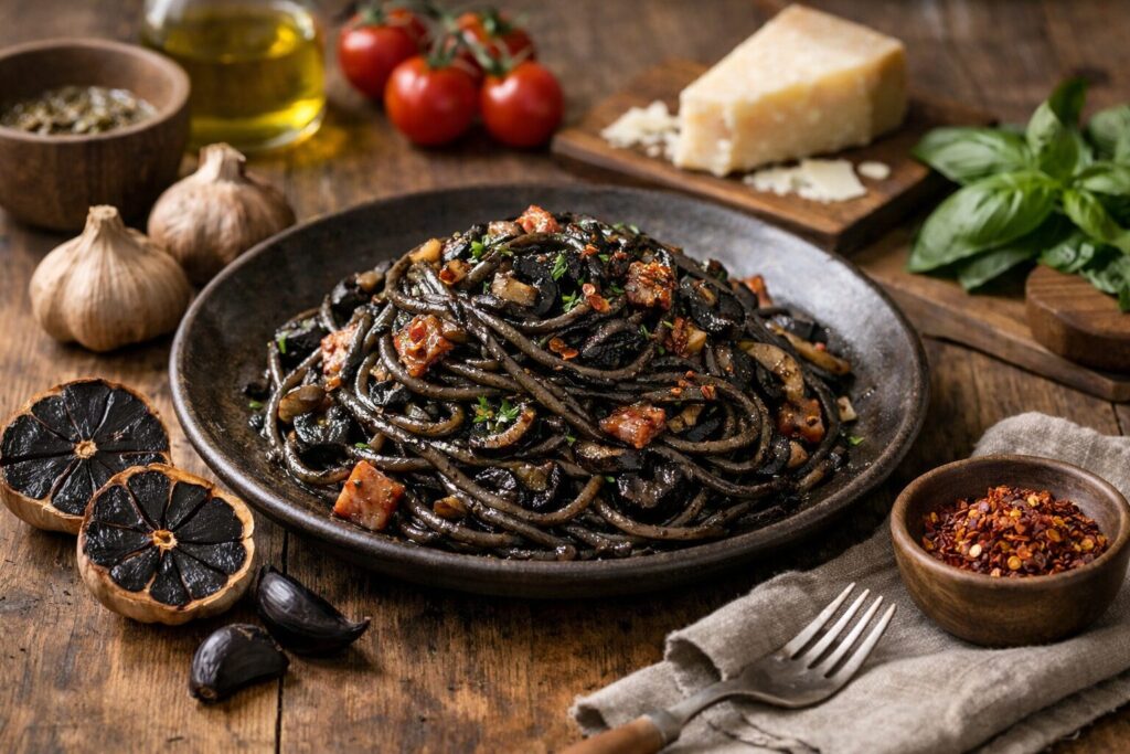 黒ニンニクを使ったパスタ料理