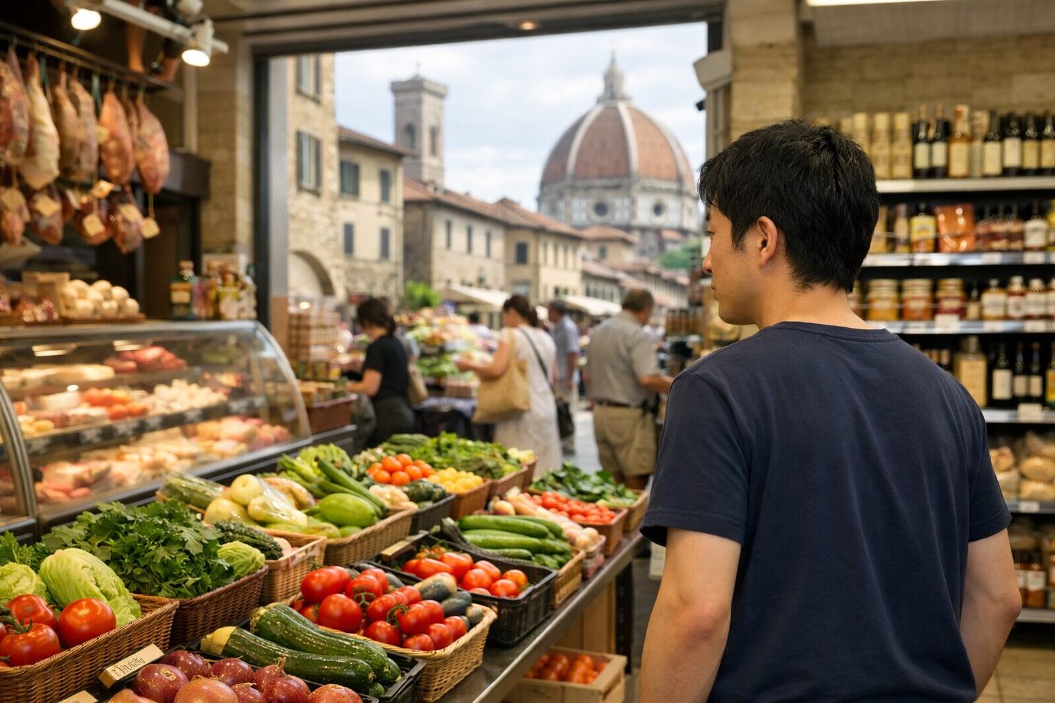 日本人男性がフィレンツェのスーパーで商品を見る様子