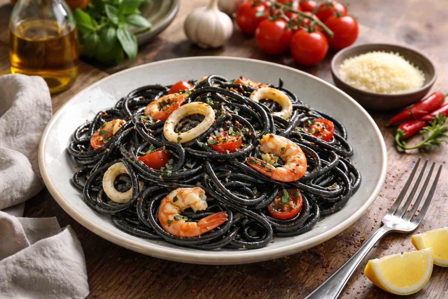 イカ墨パスタの具材と盛り付け