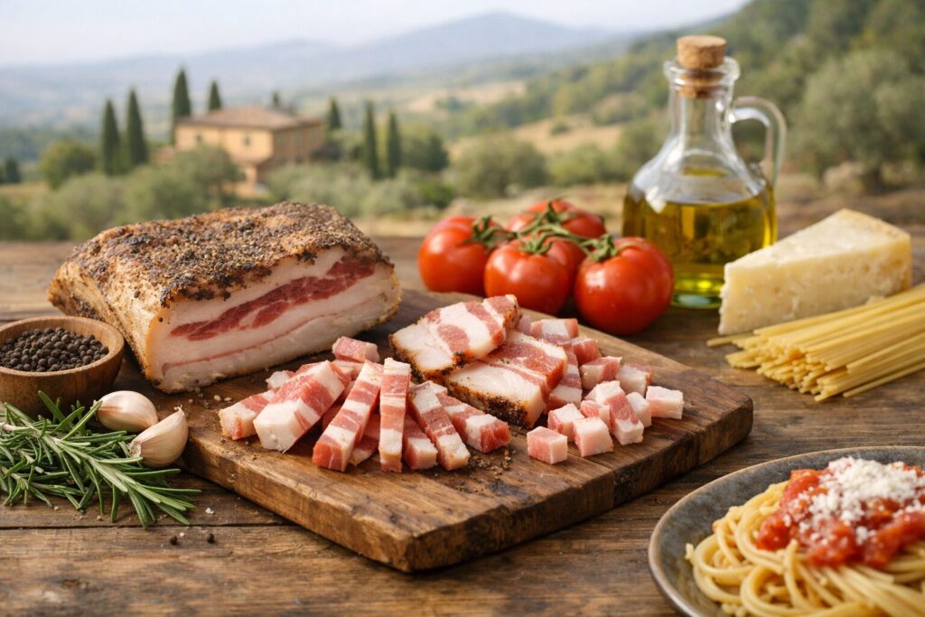 グアンチャーレの豚頬肉塩漬けをお皿に盛る