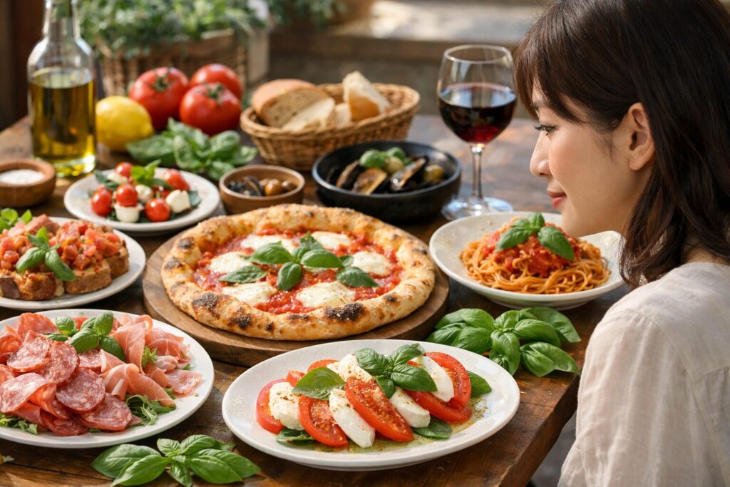 日本人女性がイタリアン料理を葉で飾る