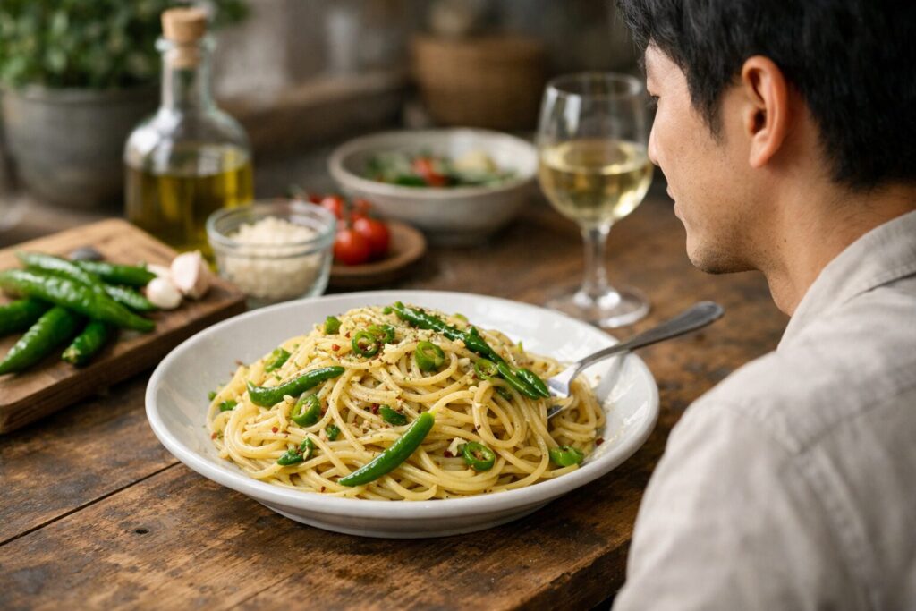 日本人男性が青とうがらしパスタを味わう様子