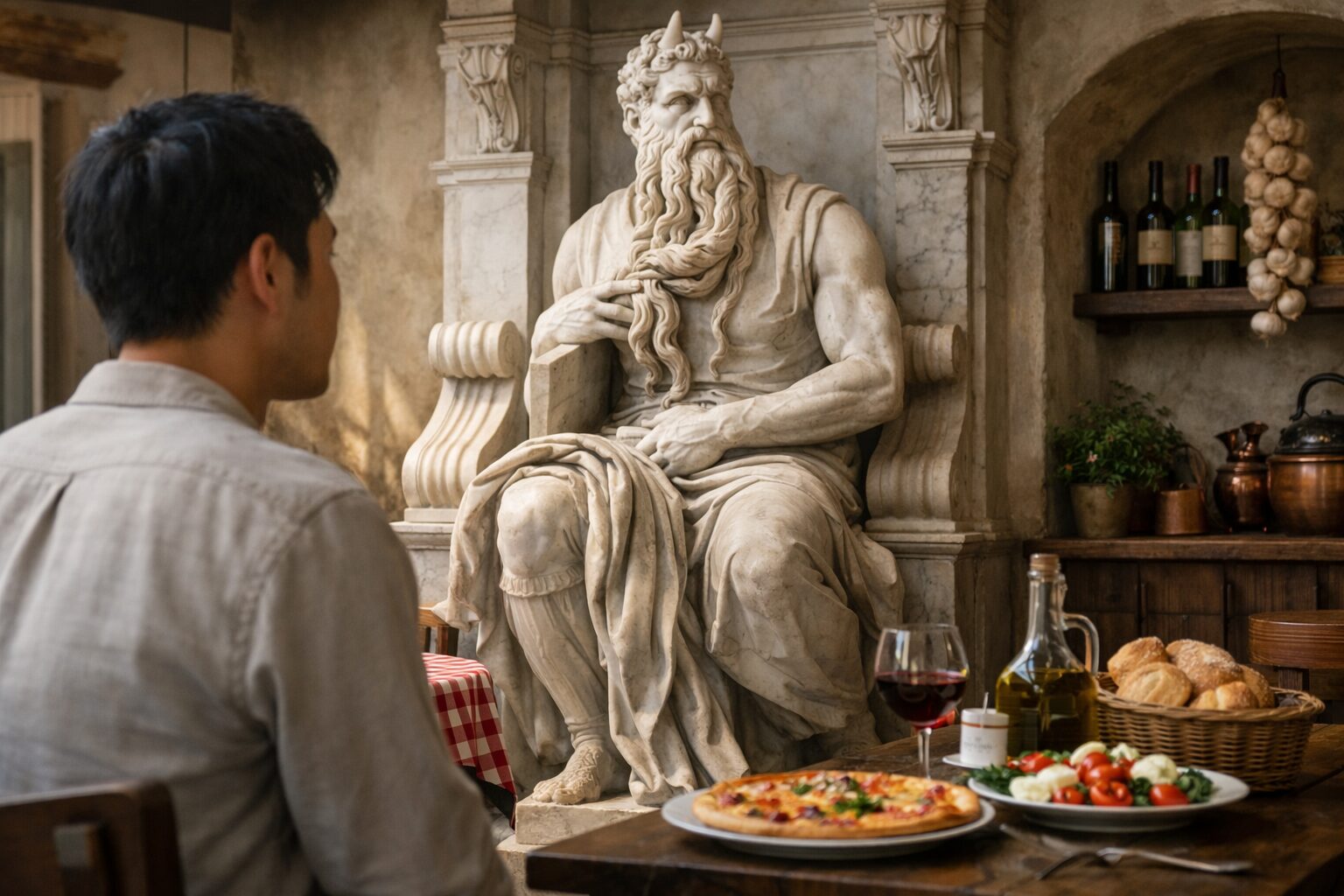 日本人男性がミケランジェロモーセを鑑賞