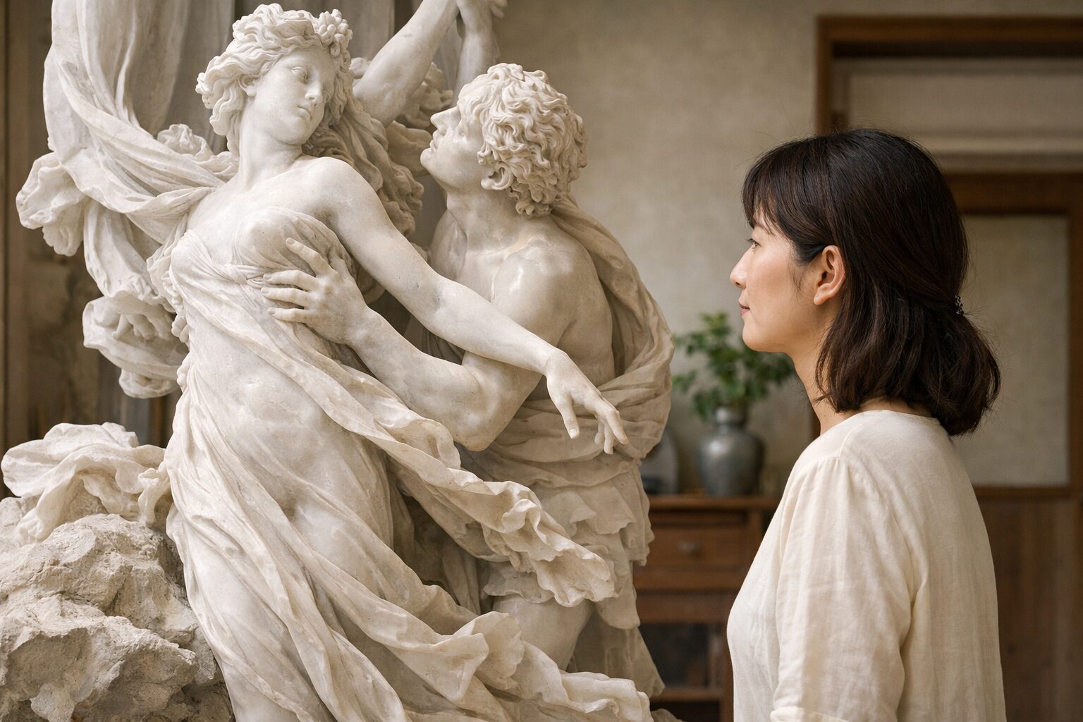日本人女性が鑑賞するベルニーニ風布の彫刻