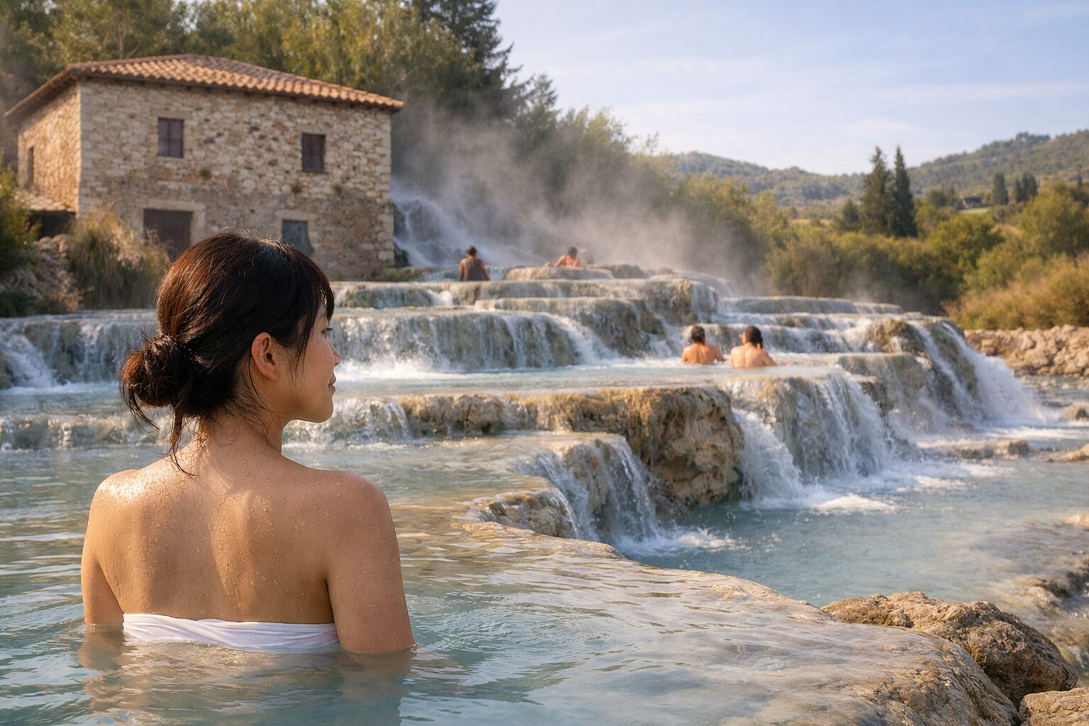 サトゥルニア温泉で寛ぐ日本人女性