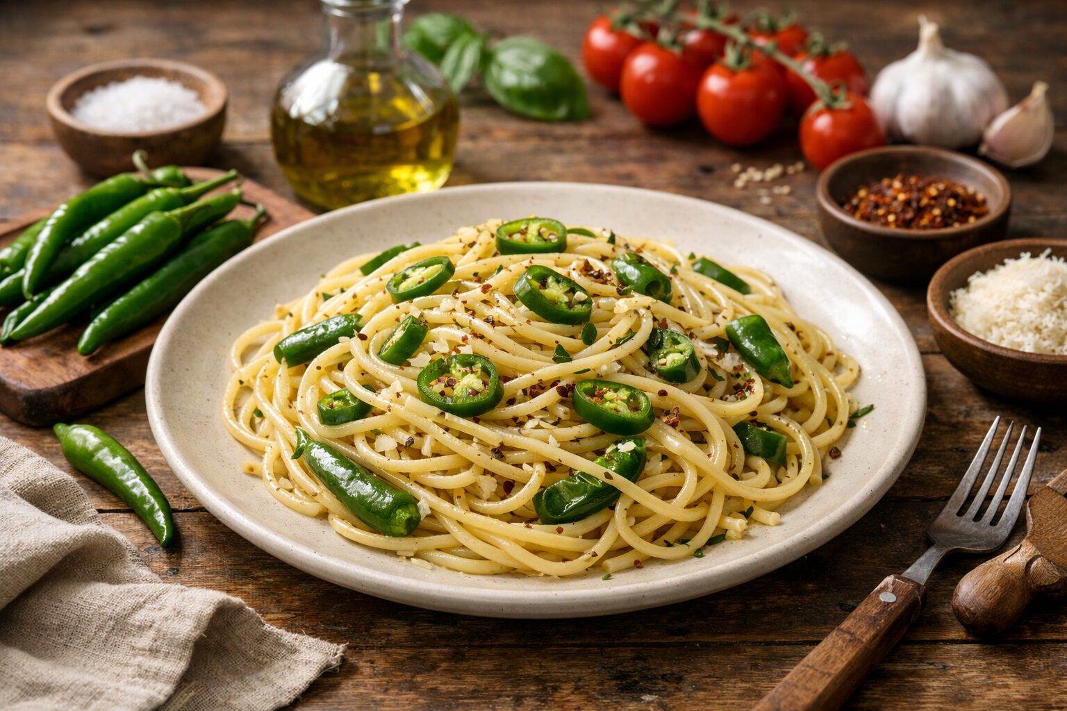 青とうがらしを使った辛味パスタ