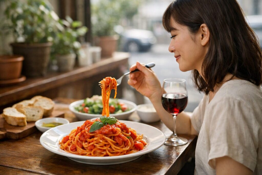 日本人女性が盛り付けたポモドーロパスタ