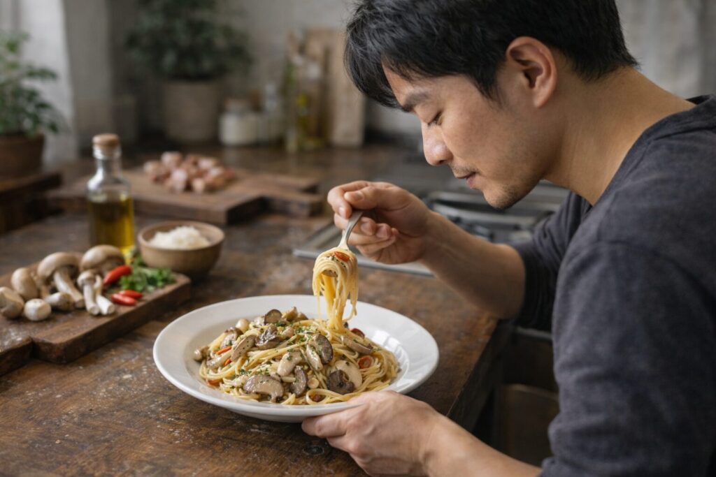 日本人男性が食べるきのこのペペロンチーノ