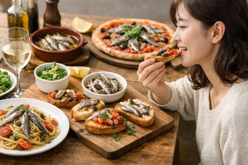 アンチョビの食べ方を試す日本人女性