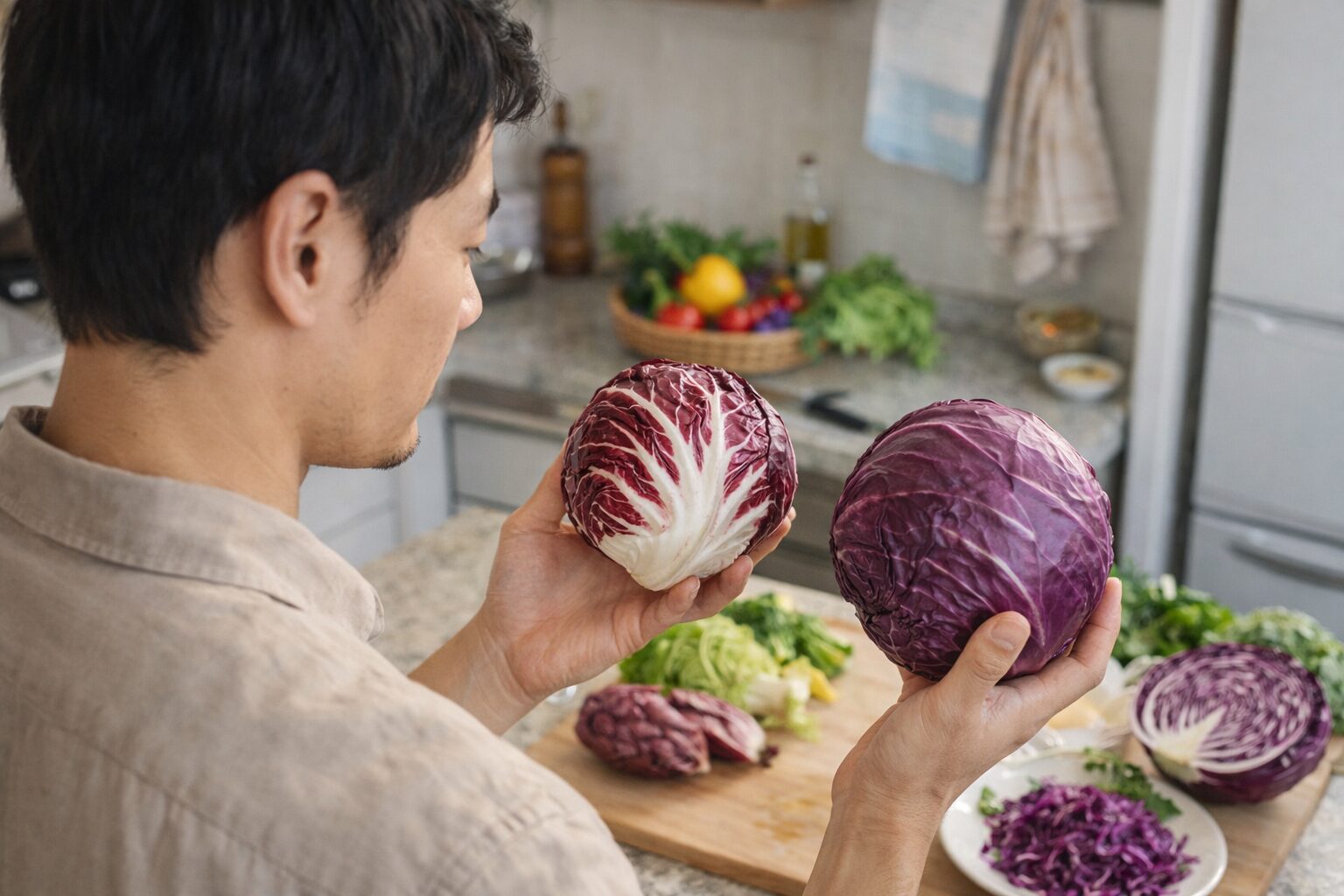 日本人男性がトレビスと紫キャベツの違いを示す様子
