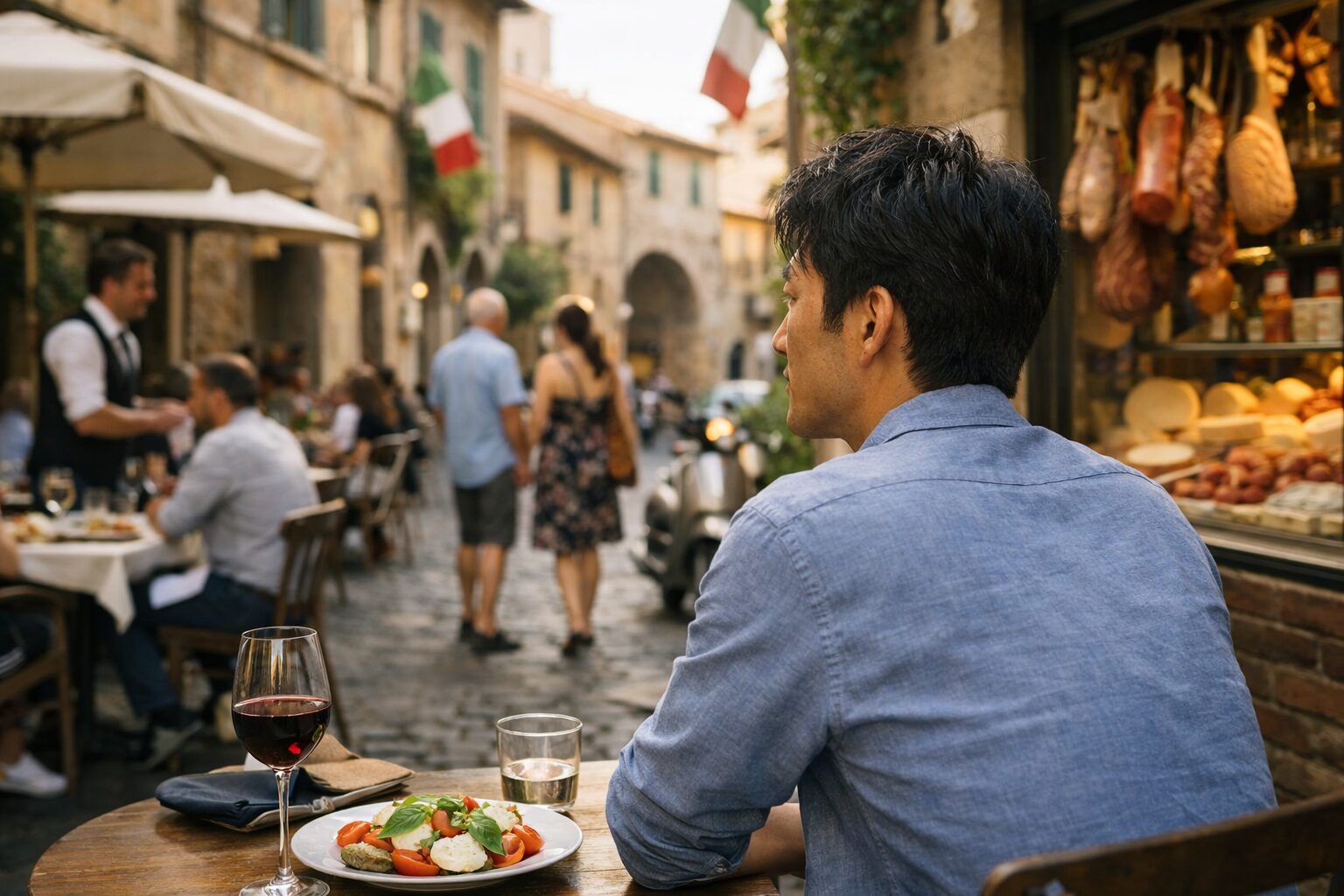 日本人男性が建物前でイタリア人名を調べる場面