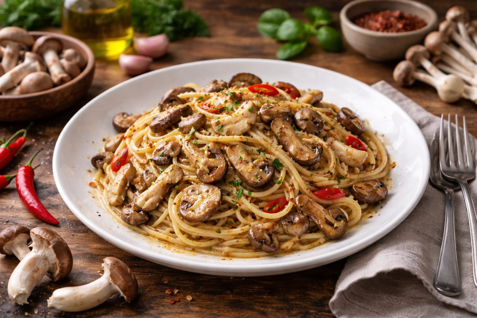 きのこたっぷりのペペロンチーノパスタ