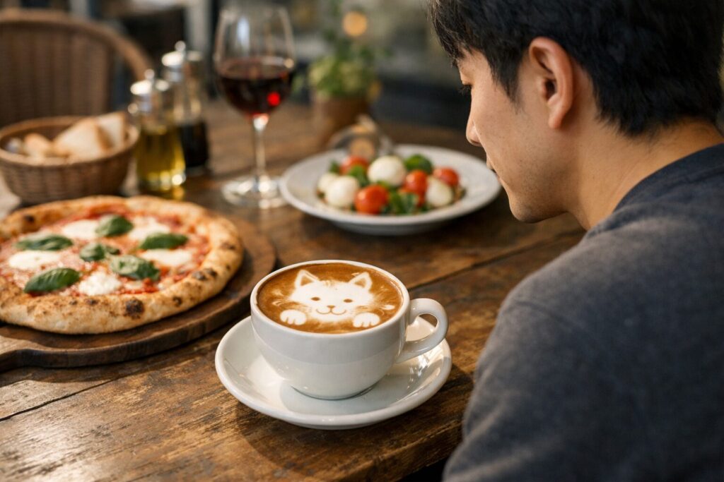 ねこのラテアートを楽しむ日本人男性