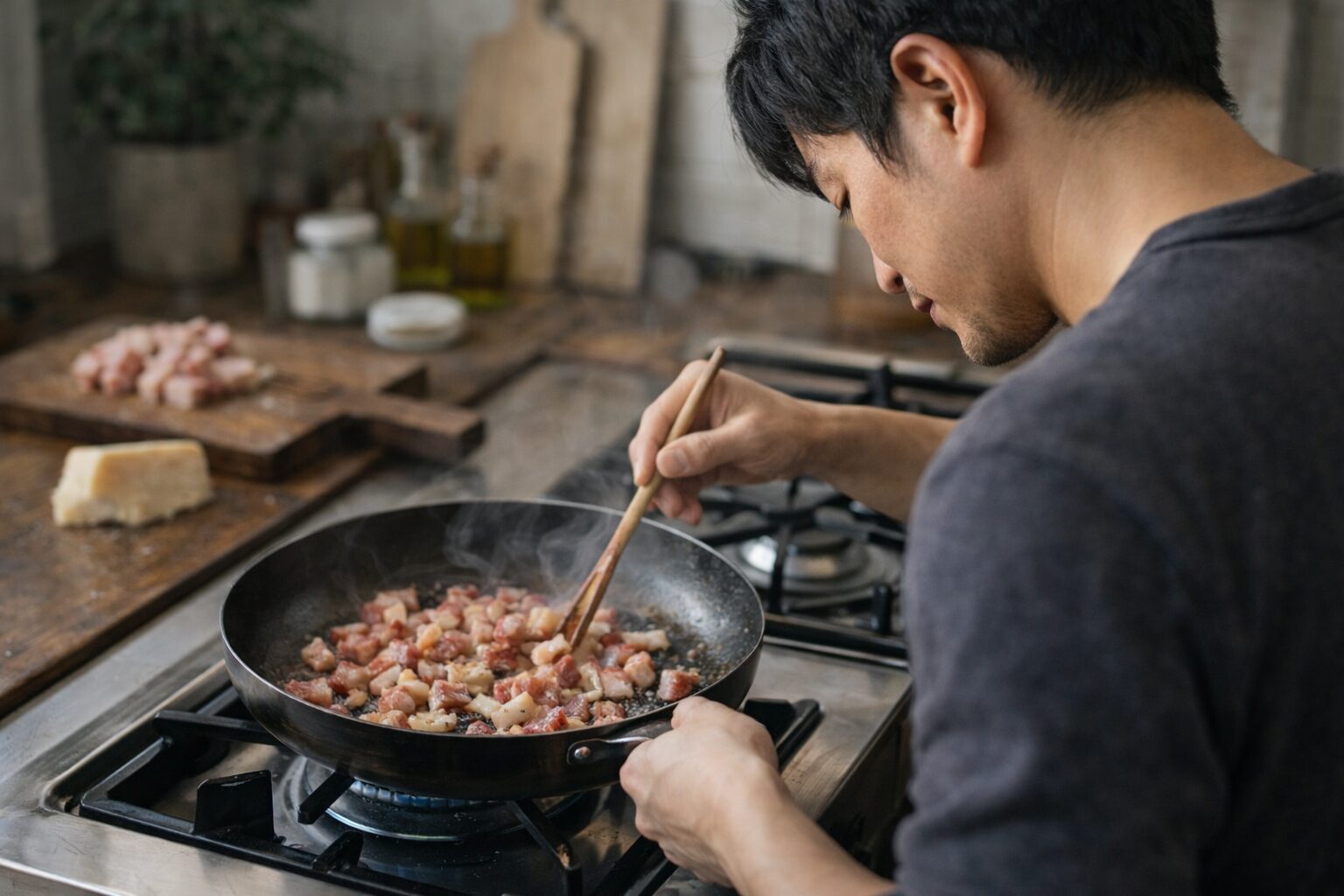 イタリア産ベーコンを持つ日本人男性