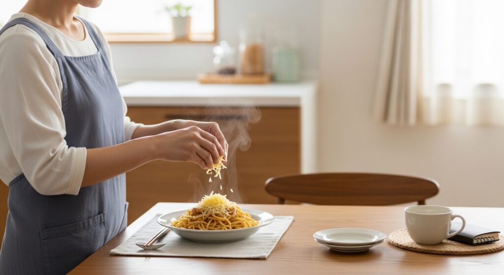 めんつゆチーズパスタを調理する日本人女性