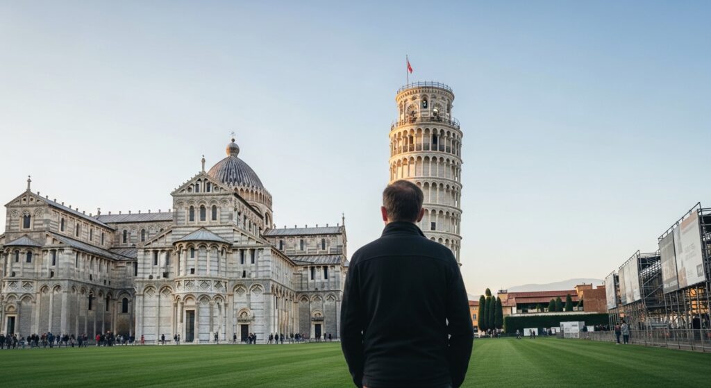 ピサの斜塔を背景に観光する日本人男性