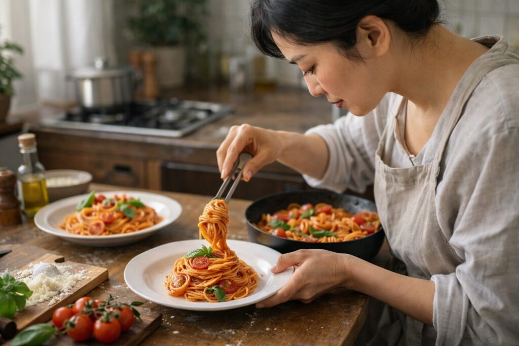 日本人女性がパスタを美しく盛り付けるポイント
