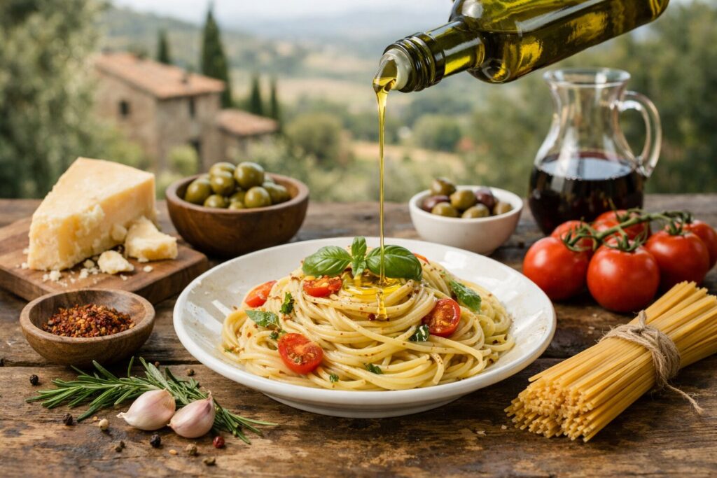 パスタにオリーブオイルをかける理由の盛付例