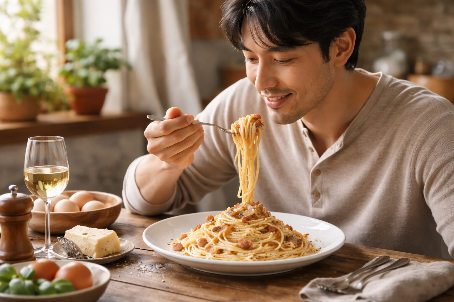日本人男性が本場風カルボナーラを味わう様子