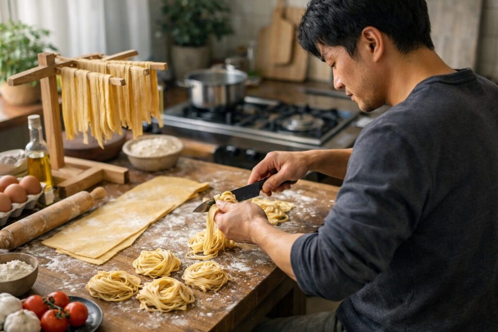 日本人男性が手打ちパスタ生地を伸ばす