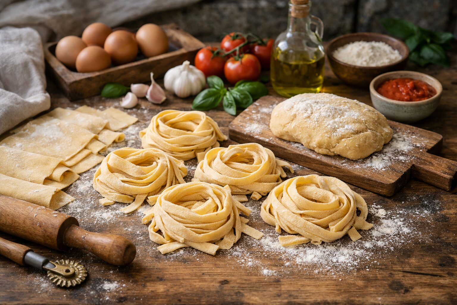 手打ちパスタの生地を伸ばす工程