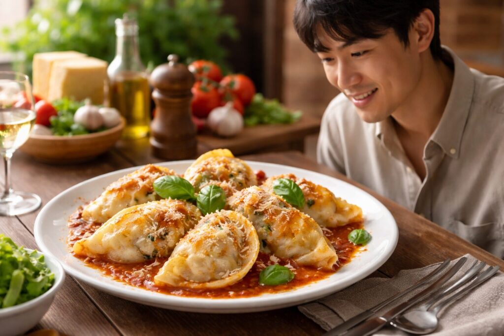 餃子風イタリアンを食べる日本人男性