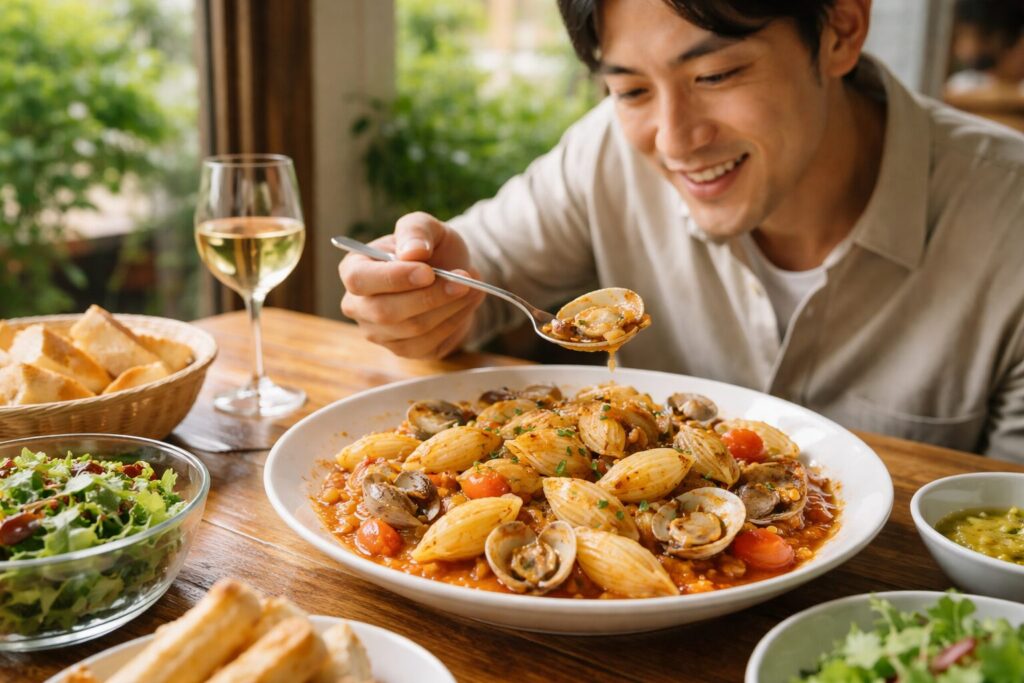 日本人男性が貝殻型パスタを調理