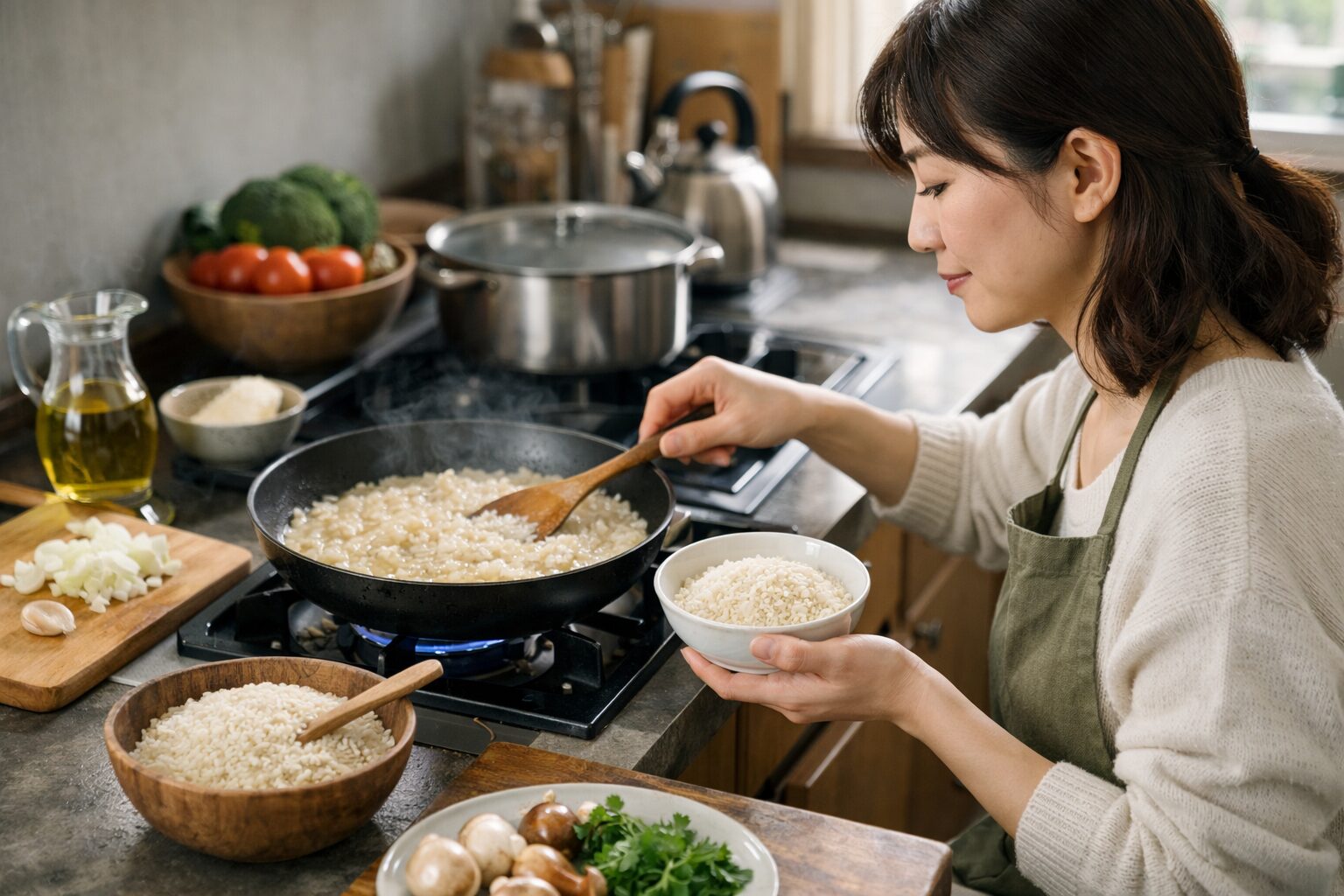 日本人女性が生米からリゾットを作る様子