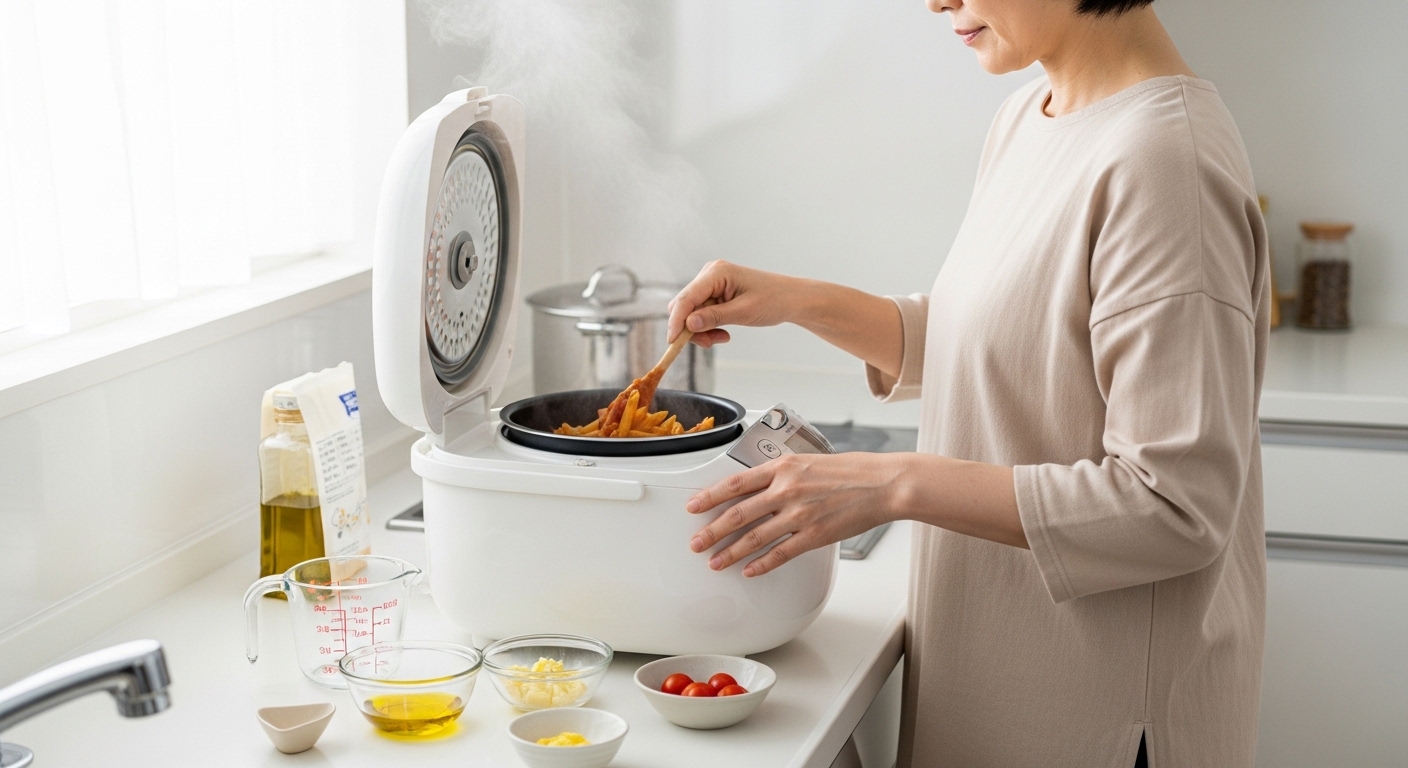 日本人女性が炊飯器でペンネ作り
