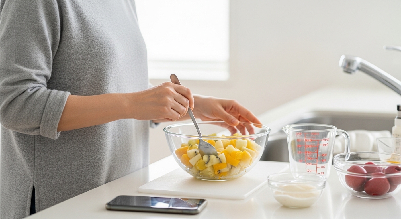 日本人女性がマチェドニアのフルーツを楽しむ様子