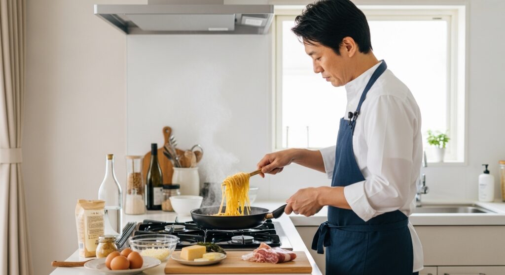 カルボナーラを味わう日本人男性の食事風景