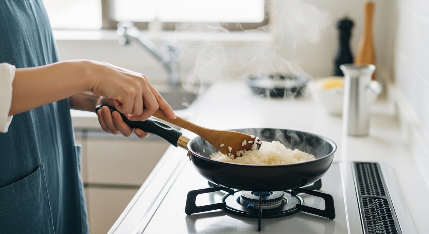 日本人女性がリゾットを生米から作る工程