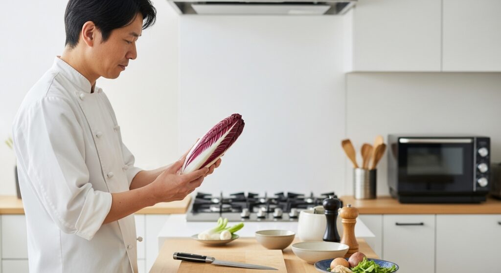 日本人男性がラディッキオを手に取る様子