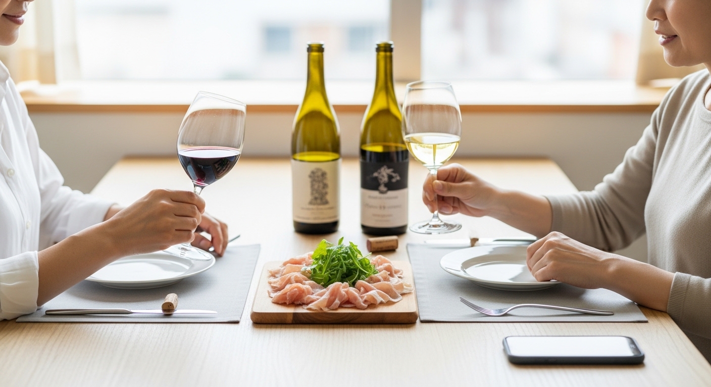 日本人女性が生ハムと赤白ワインを味わうシーン