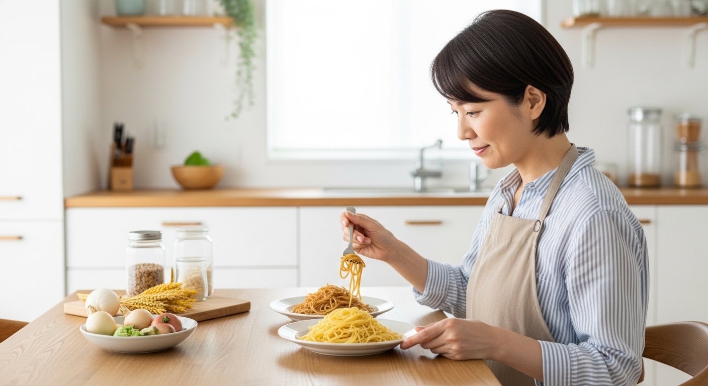 日本人女性が全粒粉と通常パスタを比較