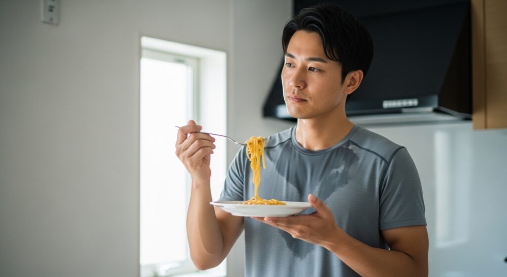 日本人男性が筋トレ後にパスタを食べる様子