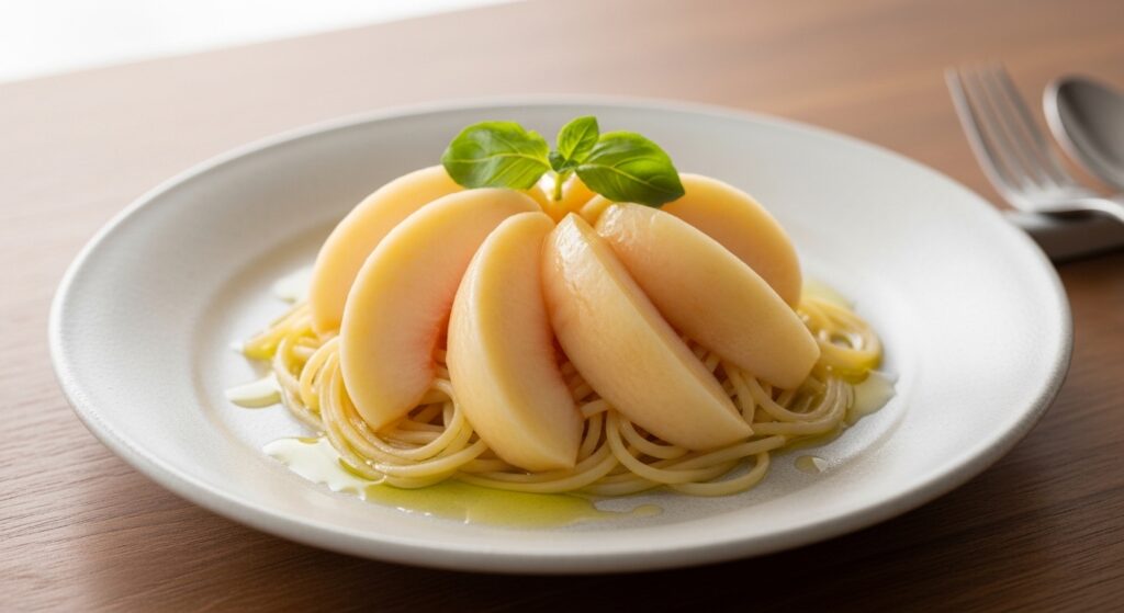 桃の冷製パスタの盛り付けと味の組み立て