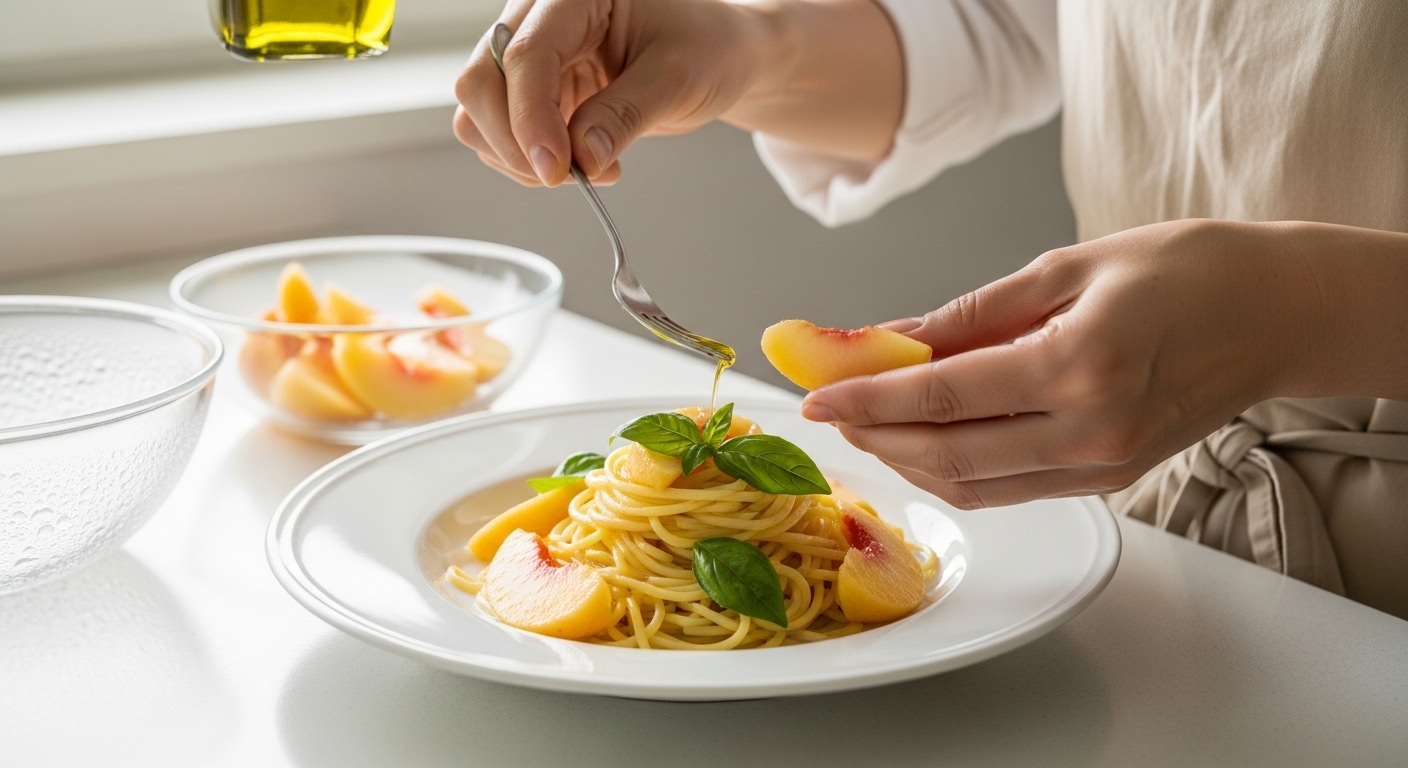 日本人女性が桃の冷製パスタを盛り付け