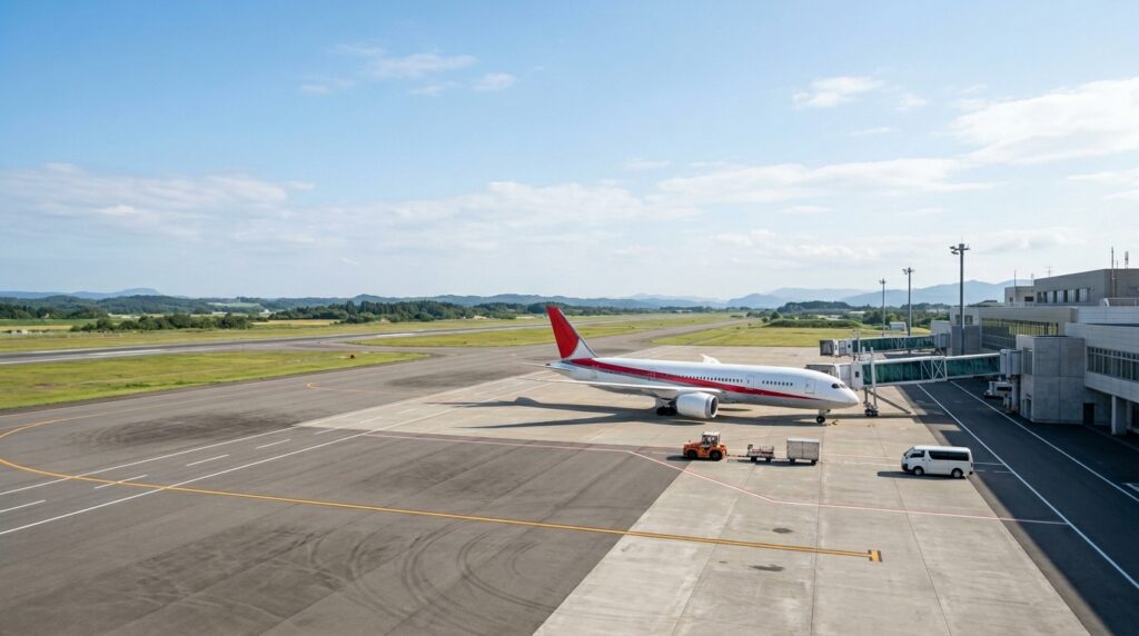 イタリアから日本への直行便をイメージした、空港滑走路に駐機する旅客機の風景