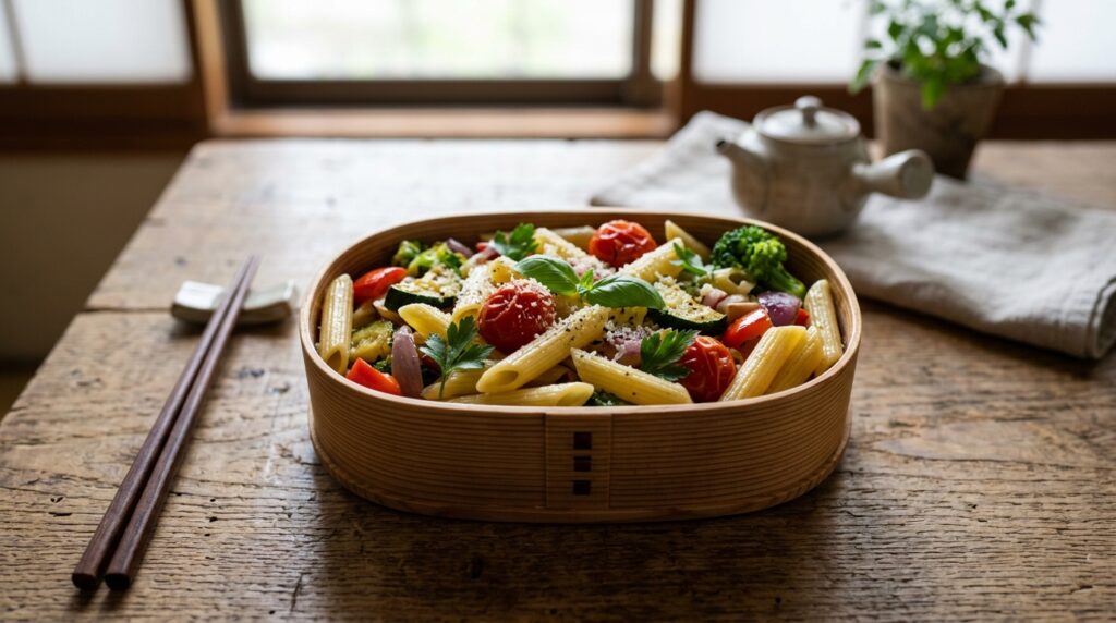 ペンネパスタと彩り野菜が詰められた弁当箱で冷めてもくっつかず美味しく食べる工夫を表現したランチ風景